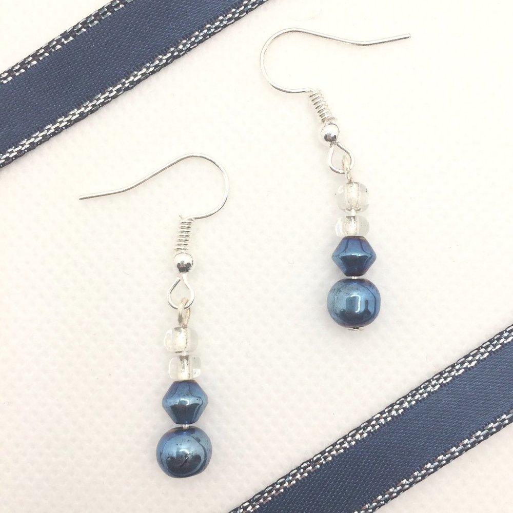 Navy Blue Beaded Dangle Earrings